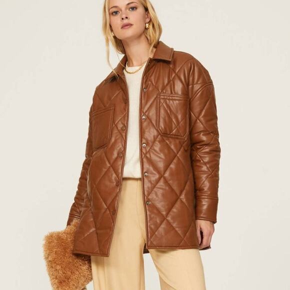 Slate & Willow Quilted Jacket Faux Leather Shacket Brown M - Picture 1 of 12